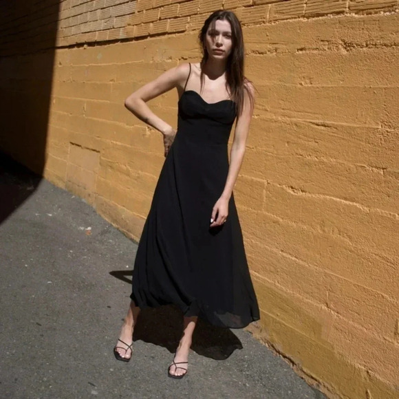 Ali Golden Dress Fitted Bodice Black Georgette Midi Large - Picture 2 of 10